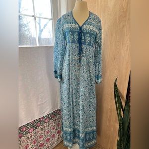 Blue Indian Block Print Bohemian Maxi Dress